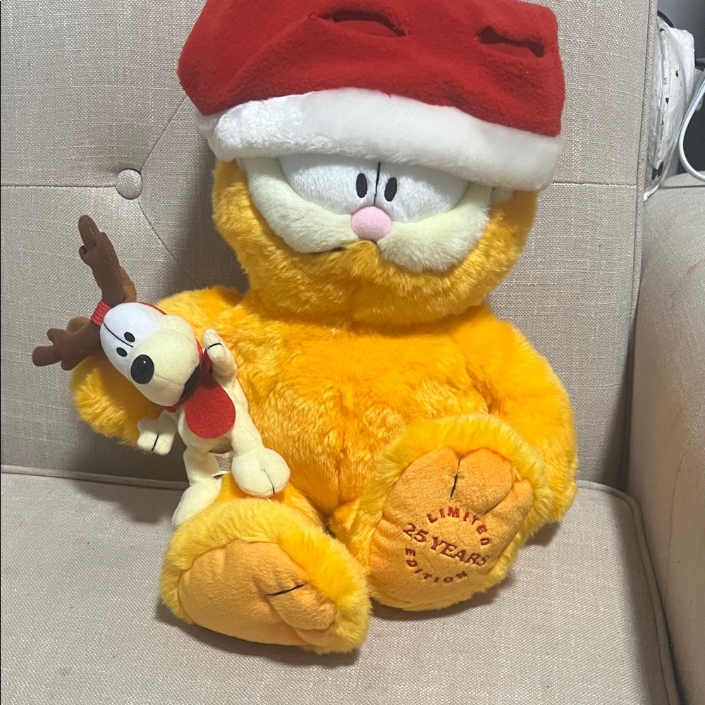 Macy's Yellow Garfield Plush with Red Santa Hat and Reindeer